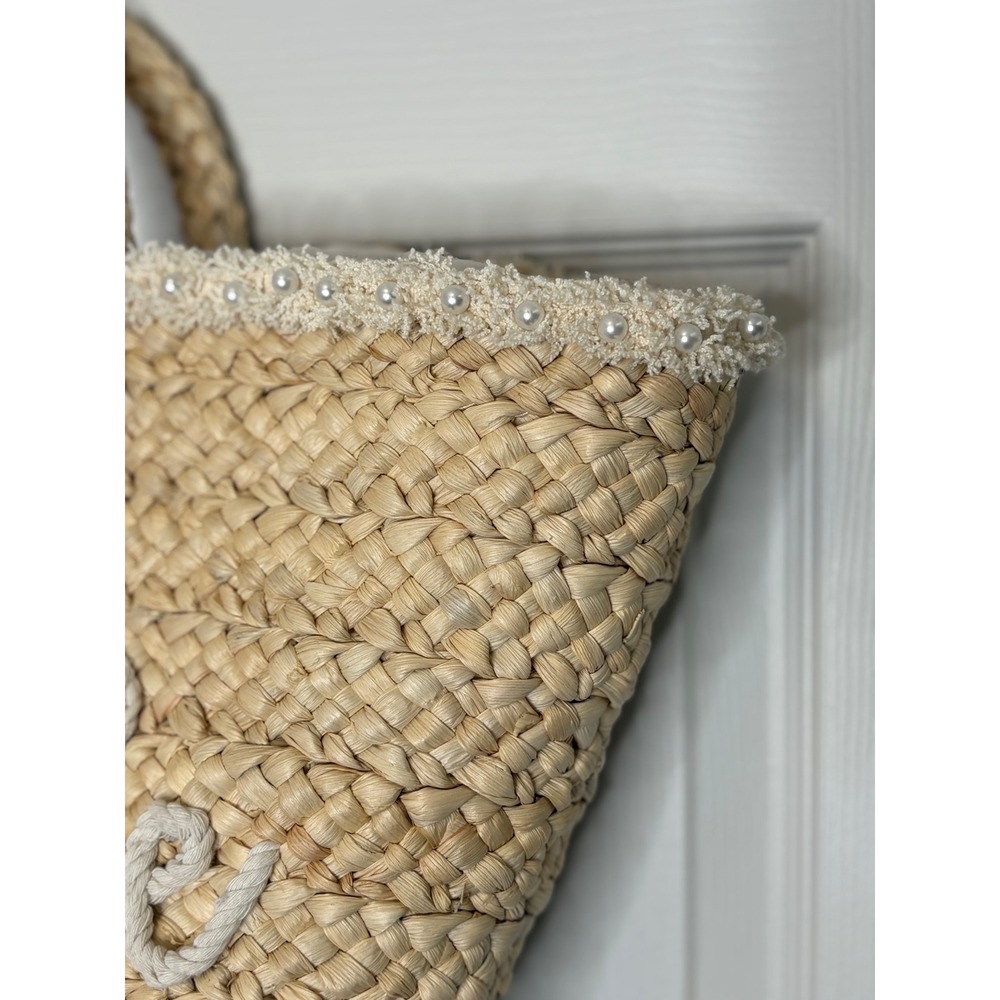 Romantic Coastal Bride Straw Tote Pearl Trim Beach Wedding Tote NWT - Picture 3 of 6